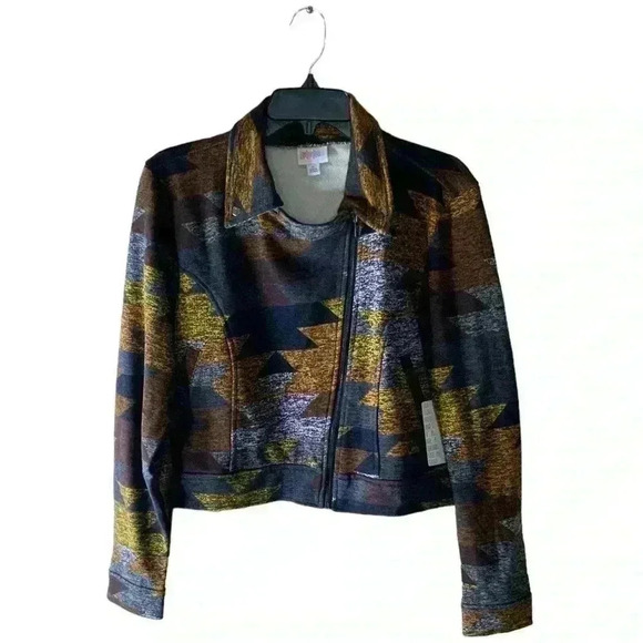 LuLaRoe Motorcycle Style Asymmetrical Aztec Print Jacket Zipper Pockets Size L - Picture 1 of 12